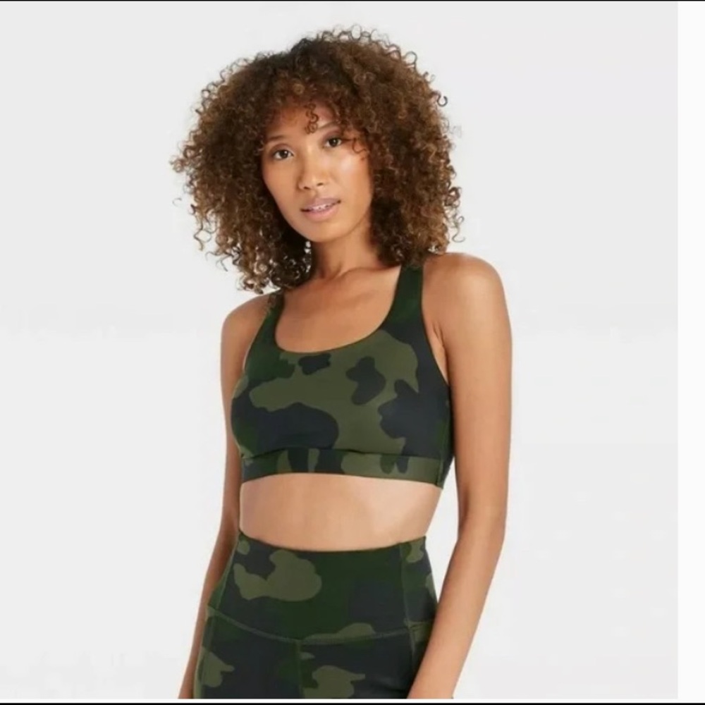 Camo Print Medium Support T-Back‎ Bra- All in Motion Deep Olive